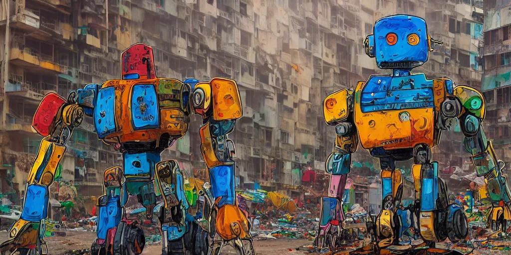 Image similar to colourful - damaged - giant mecha ROBOT of AJEGUNLE SLUMS in Lagos, markings on robot, Golden Hour, in the style of studio ghibli,