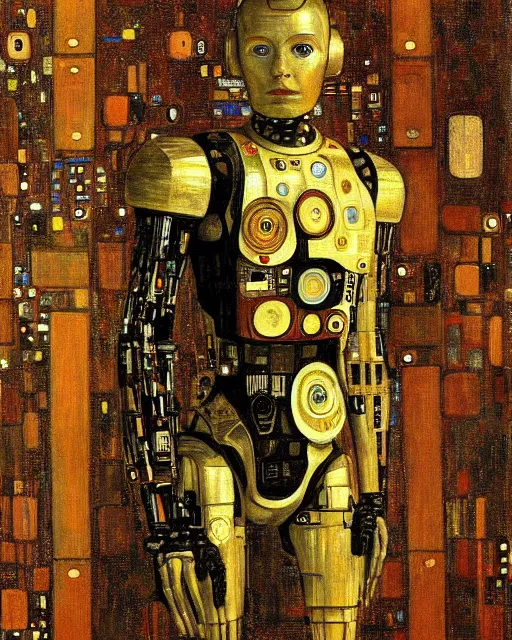 Image similar to Portrait of a droid from iRobot by Gustav Klimt, cyberpunk noir, baroque elements, intricate artwork by caravaggio, aesthetic, intricate, highly detailed, masterpiece