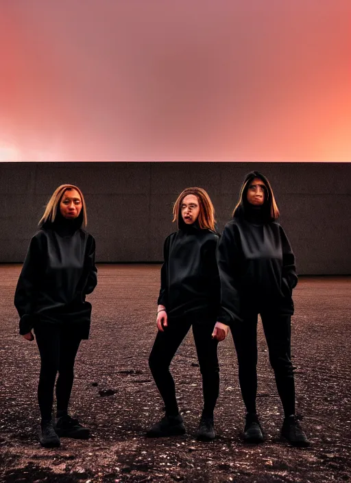 Image similar to cinestill 5 0 d photograph of 2 women wearing black techwear in front of a brutalist sharp - edged metal building, on a desolate plain, red eerie sky, sigma 8 5 mm f / 1. 4, 4 k, depth of field, high resolution, highly detailed, 4 k, 8 k, hd, full color, raw, unedited