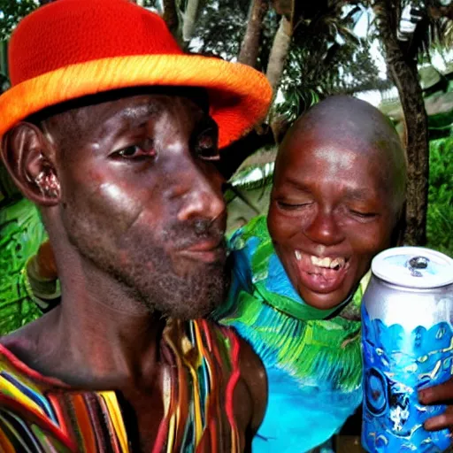 Image similar to bongo man drinking bongo beer on bongo style africa bongo people and love, realistic photo, surreal place
