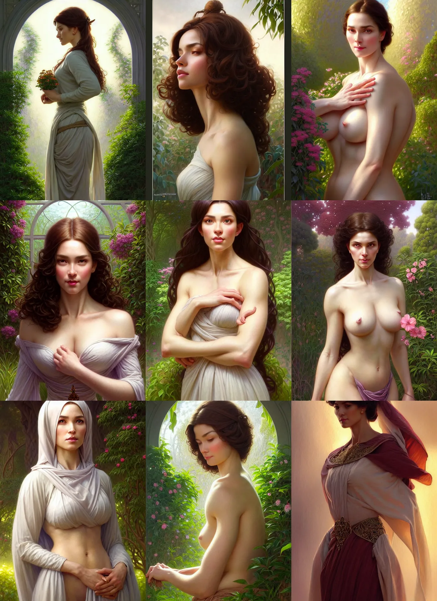 Prompt: character concept portrait | of me as modest wife blessed by god to grow ever - more intelligent beautiful voluminous muscular tall and healthy, modestly clothed, in garden | intricate, elegant, highly detailed, digital painting, artstation, concept art, symmetry, smooth, sharp focus, illustration | art by artgerm and greg rutkowski and mucha