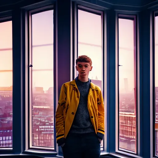 Image similar to un ultra high definition studio quality photograph of a young man standing in a unique london studio environment wearing all eclectic clothes whilst watching the sun rising through a large window. wide angle. three point light. extremely detailed. golden hour, golden ratio, ray tracing, volumetric light, shallow depth of field.