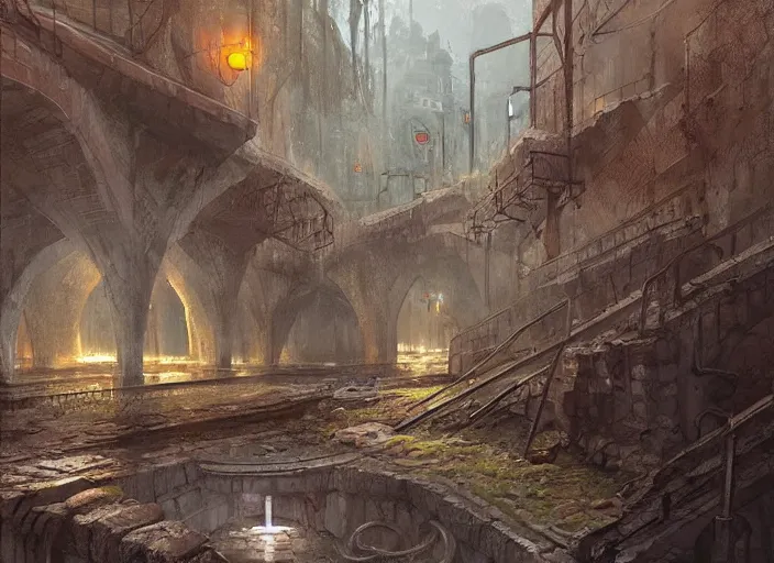 Prompt: An underground sewer system, a fantasy digital painting by Greg Rutkowski and James Gurney, trending on Artstation, highly detailed