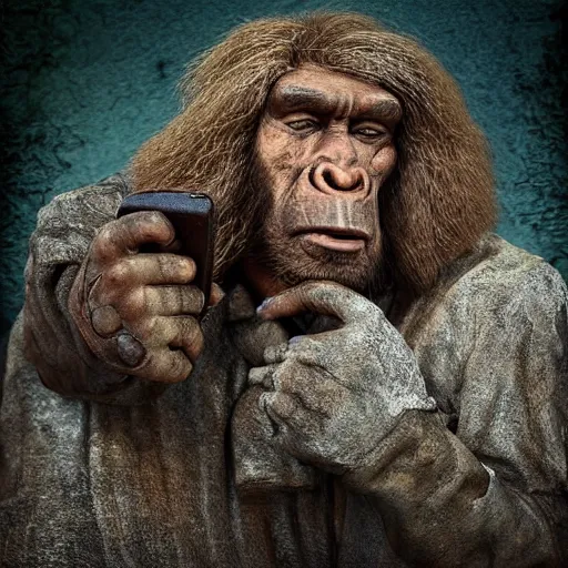 Image similar to neanderthal with a smartphone, realistic, history, old, rustic