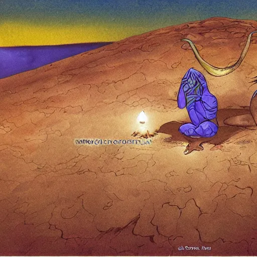 Prompt: Shamanic ritual in a stormy desert in the style of Jean Giraud