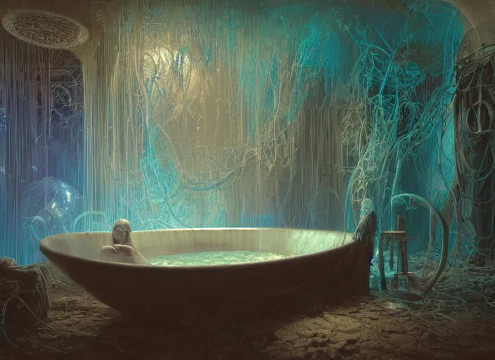 Image similar to A bathtub full of water, neon, RGB, glowing wires everywhere, decay, by Edgar Maxence and Ross Tran, Zdzisław Beksiński, and Michael Whelan, distant, gustav dore, H.R. Giger, 8k, octane render