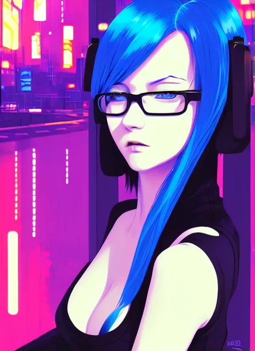 Image similar to digital illustrationportrait of cyberpunk pretty girl with blue hair, wearing a tight black dress, in city street at night, by makoto shinkai, ilya kuvshinov, lois van baarle, rossdraws, basquiat