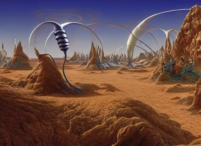 Prompt: strange surrealist detailed alien electronic-musical-instruments!! in a bryce 3d surrealist landscape biome, designed by john howe, and pixar!!, Michael Whelan art directs Dune (1984), hyper detailed, photorealistic, 8k, hd