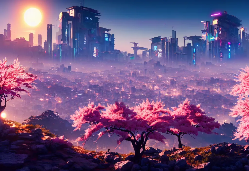 Image similar to sakura lit by the sun stands on a mountain from behind cyberpunk city, cyberpunk 2 0 7 7, city, cinematic view, concept art, high detail, 4 k, by jordan grimmer, art greg rutkowski