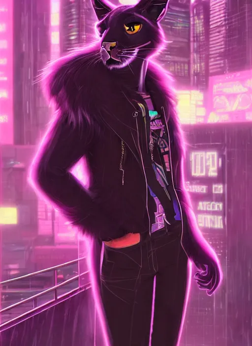 Image similar to award winning beautiful portrait commission of a male furry anthro puma fursona with a tail and a cute beautiful attractive detailed furry face wearing stylish black and pink cyberpunk clothes in a cyberpunk city at night while it rains. Character design by charlie bowater, ross tran, artgerm, and makoto shinkai, detailed, inked, western comic book art