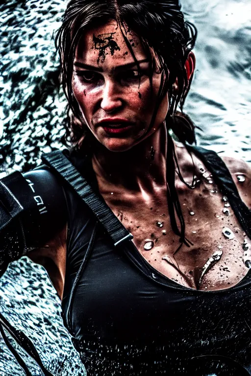 Image similar to cinestill 5 0 d candid action photographic portrait by quentin tarantino of lara croft wearing rugged black mesh techwear in treacherous waters, extreme closeup, modern cyberpunk retrofuturism moody emotional cinematic, pouring iridescent rain, 8 k, hd, high resolution, 3 5 mm, f / 3 2, motion blur, ultra realistic faces, ex machina 8 k