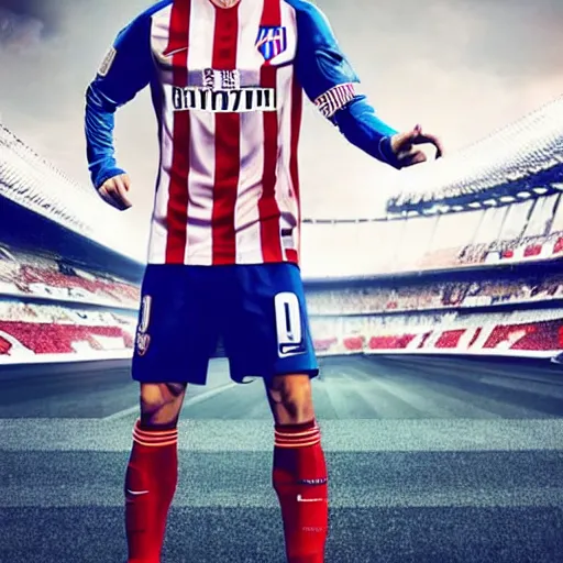 Image similar to cristiano ronaldo dressed with the atletico de madrid football team shirt, 4 k extremely photorealistic, high contrast colors, hyper detailed!!