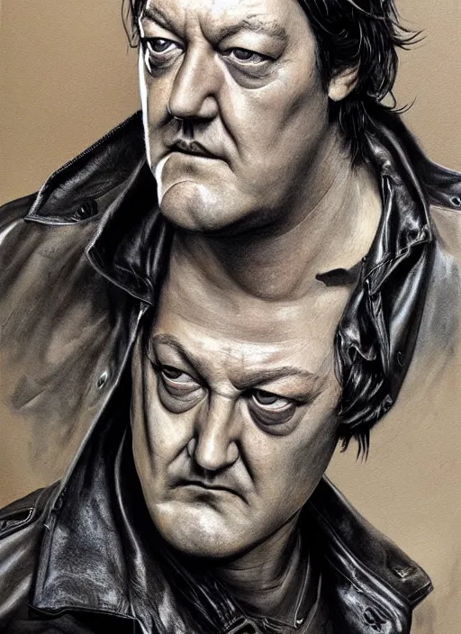 Image similar to portrait of stephen fry, gritty, dark, wearing a leather jacket, very detailed eyes, hyperrealistic, very detailed painting by Glenn Fabry, by Joao Ruas, by Artgerm