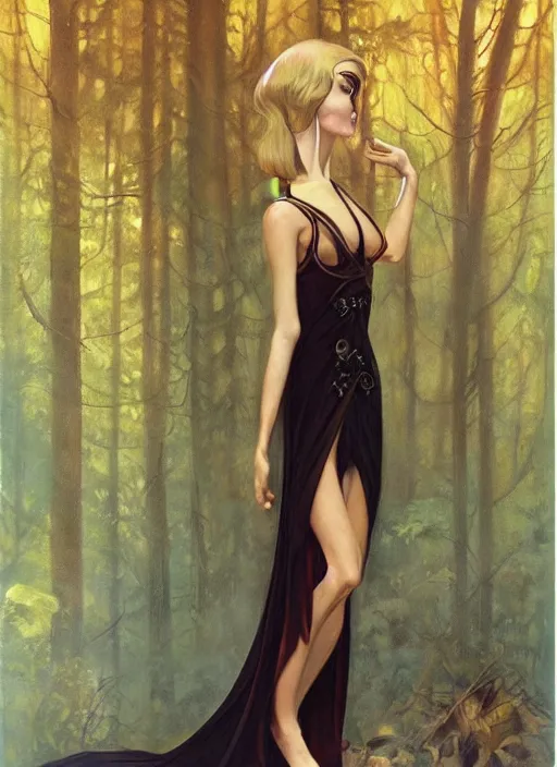 Image similar to slender sylph queen, black iron crown, diamond shimmering dress, strong line, deep color, forest, beautiful! coherent! by boris vallejo, by brom