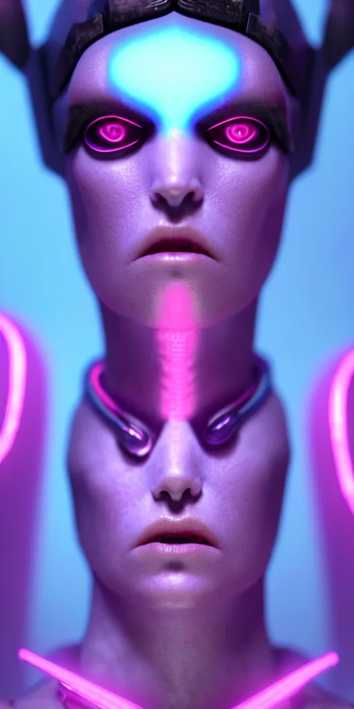 Prompt: 3d octane close-up render of baroque cyborg woman with black hair and pearlescent pink skin key sage wayne barlowe very soft blue neon lighting on one side wide angle 35mm shallow depth of field 8k
