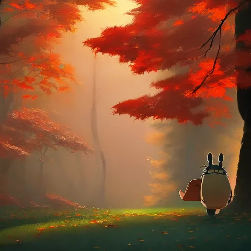 Image similar to goro fujita ilustration an autumn forest with large trees and light coming through the leaves | totoro walking, painting by goro fujita, sharp focus, highly detailed, artstation