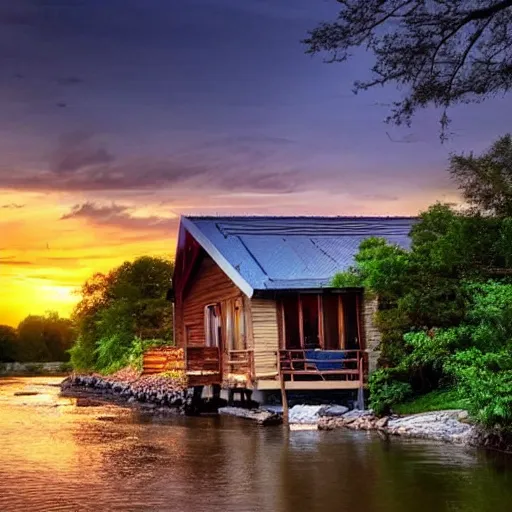 Image similar to beutiful river scenery, alongside small house,with beutiful sunset