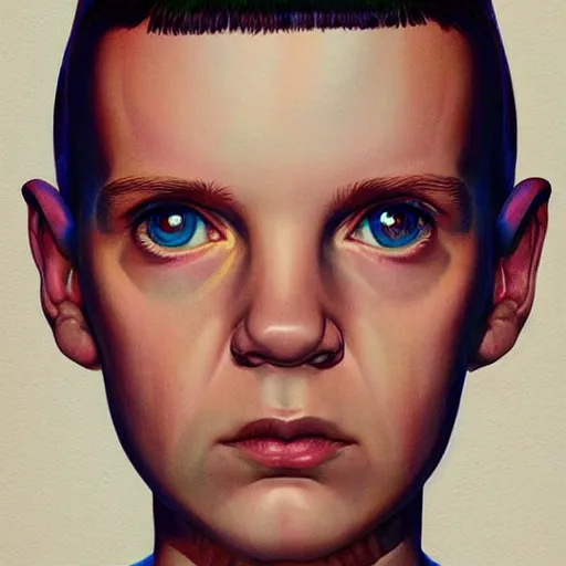 Image similar to beautiful portrait of Eleven from Stranger things by ((martine johanna)) , artstation winner,figurativism , portrait,