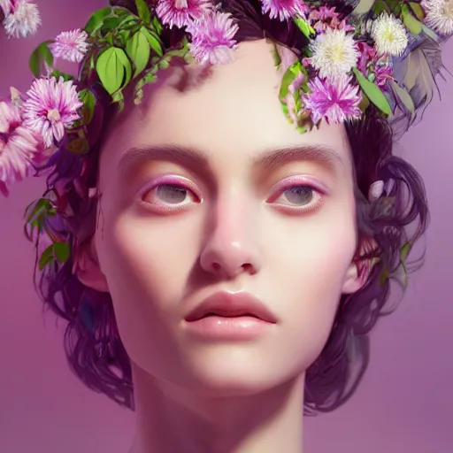 Prompt: portrait of the most beautiful woman surrounded by soft florals, vaporwave lighting, dewy skin, concept art, high detail, beautiful, dreamy, blender