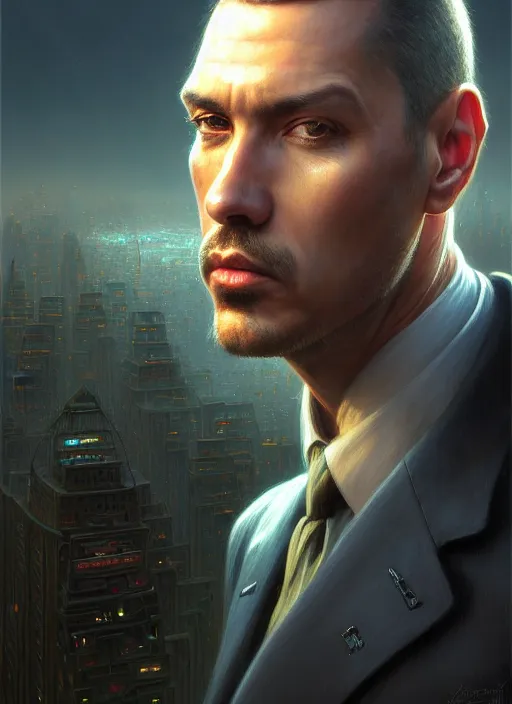 Image similar to closeup portrait shot of a male private detective in a scenic cyberpunk environment, intricate, elegant, highly detailed, centered, digital painting, artstation, concept art, smooth, sharp focus, illustration, artgerm, tomasz alen kopera, peter mohrbacher, donato giancola, joseph christian leyendecker, wlop, boris vallejo