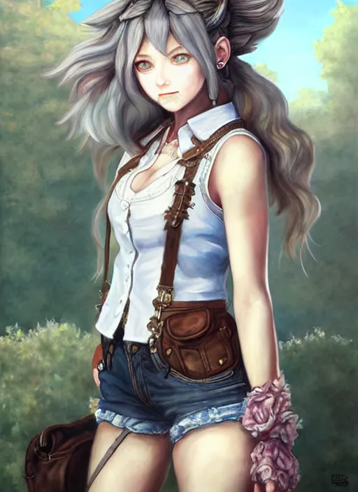 Image similar to a portrait of catgirl wearing white vest, and denim shorts an ultrafine detailed painting, detailed painting, boris valejo. octopath traveler