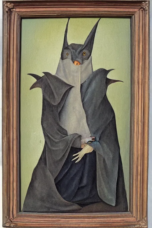 Image similar to silly hieronymus bosch framed oil painting of a bat in fancy felt robes. muted colour palette