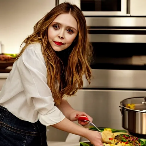 Image similar to elizabeth olsen cooking in kitchen, highly detailed, photorealistic portrait, bright studio setting, studio lighting, crisp quality and light reflections, unreal engine 5 quality render