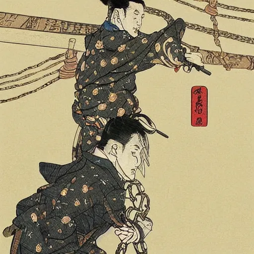 Image similar to by hokusai, samurai man vagabond, the samurai is wrapped in chains, detailed, editorial illustration, matte print, concept art, ink style, sketch, digital 2 d