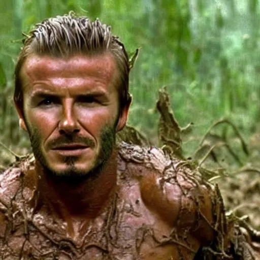 Image similar to cinematic still of david beckham, covered in mud and watching a predator in a swamp in 1 9 8 7 movie predator, hd, 4 k