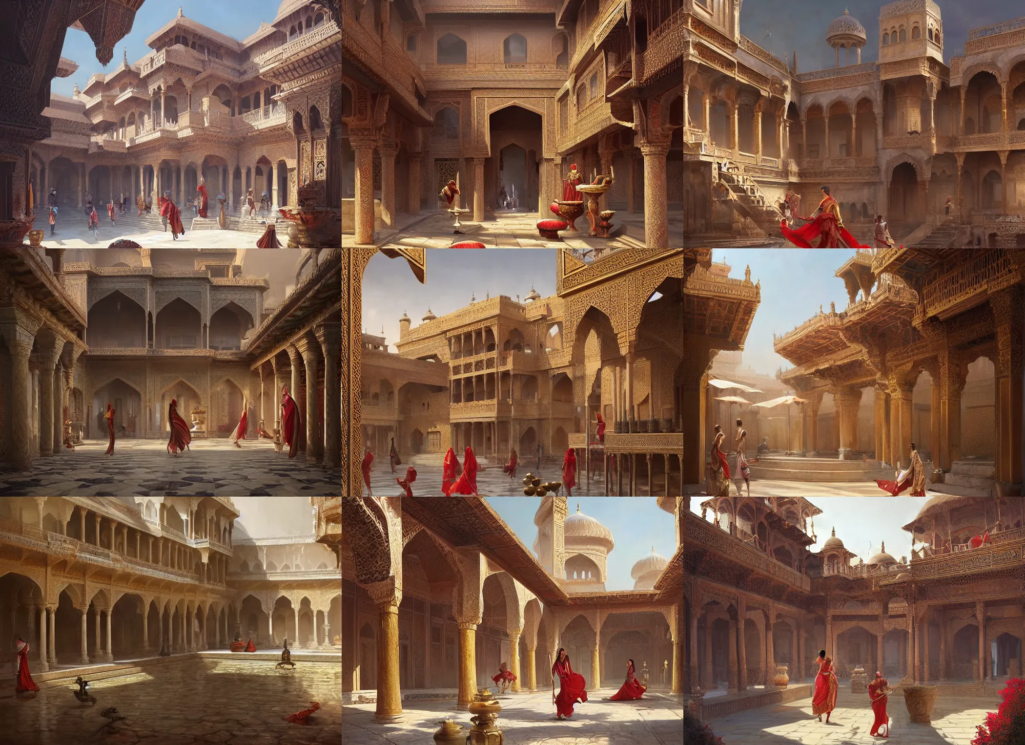 Prompt: Palace courtyard in a Indo-Persian city of unfathomable wealth and luxury. gold, bronze, white, and red, a fantasy digital painting by Greg Rutkowski and James Gurney, trending on Artstation, highly detailed