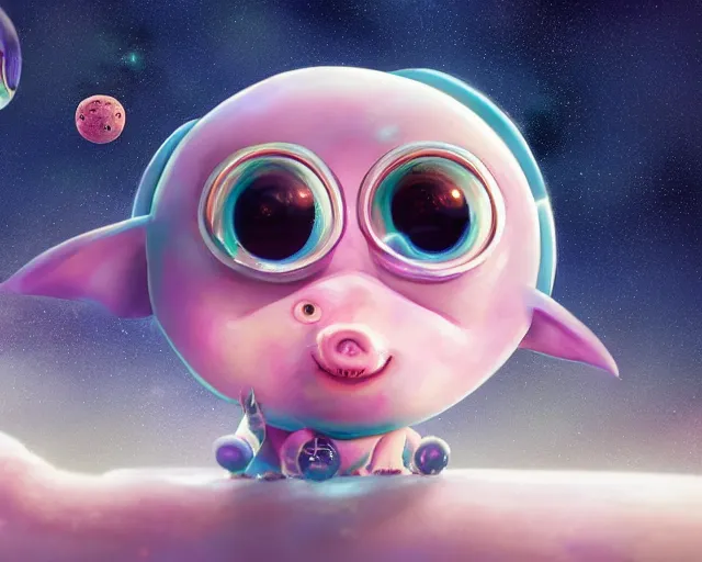 Image similar to 3D Fantasy Cute and adorable small alien piggy in space, huge adorable eyes, bright stars, Smooth 3D Illustration, soft render, Servando Lupini, Daniil Kudriavtsev, handpaint texture, Blender, 3DCoat