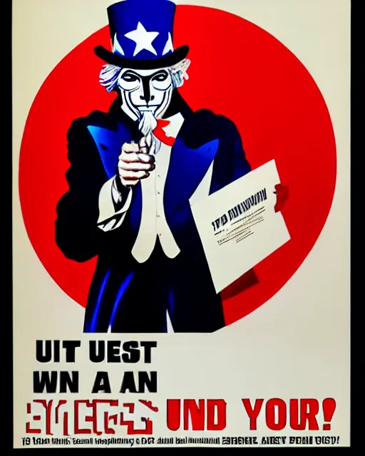 Prompt: anonymous as uncle sam propaganda poster art in the year 1 9 8 7, ultra realistic concept art intricate detail