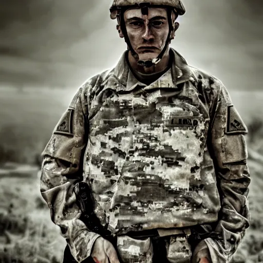 Image similar to soldier!!!!! portrait!!!!! pain, eyes, shoulders, sadness, soft focus, photography