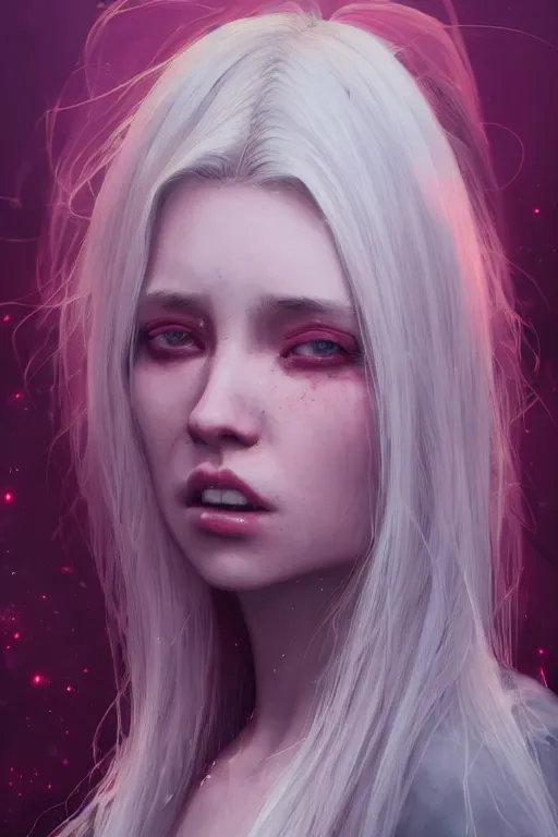 Prompt: a beautiful portrait of an attractive women with long white hair and deep pink eye colour by greg rutkowski, sung choi, mitchell mohrhauser, maciej kuciara, johnson ting, maxim verehin, peter konig, 8 k photorealistic, cinematic lighting, hd, high details, dramatic, atmosphereric, trending on artstation