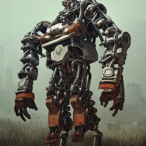 Prompt: a concept art illustration, a bionic man, large mechanical rusty farming exoskeleton, style by dylan cole and feng zhu and wlop, unreal engine, trending in artstation, octane render, ultra sharp, ultra detail
