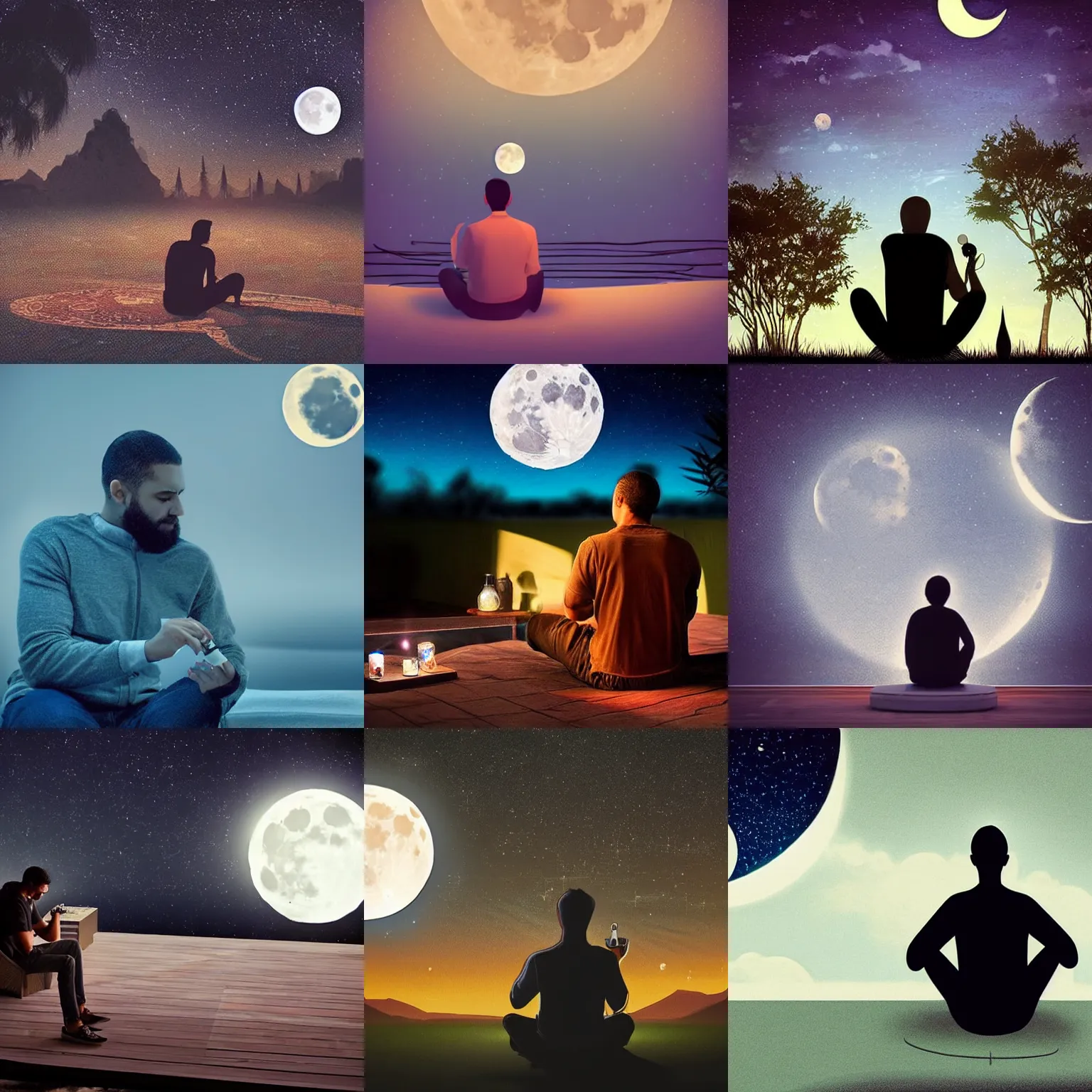 Prompt: man sitting at night with a hookah and looking at the moon with an open mind, dreamy, realistic, hyper detailed and intricate, hyperrealistic