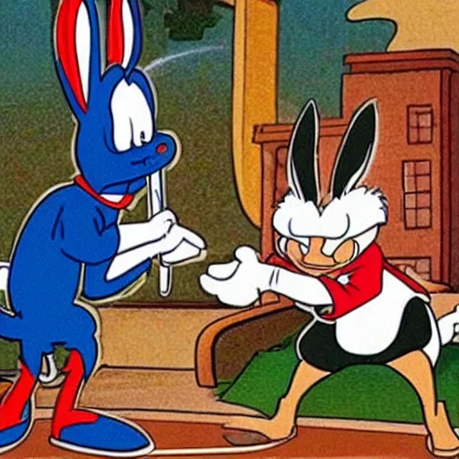 Prompt: bugs bunny smacking donald trump on the back with a club and sending him flying, cartoon, looney toons