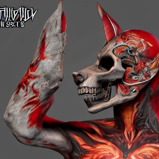 Image similar to highly detailed render of a man wearing a skull fox mask playing a red sintethizer, full body with tattoos, two arms two legs, vray render, unreal engine, highly detailed faces, thin body,