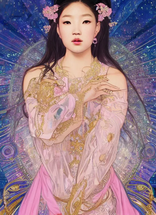 Prompt: Jennie Kim from Blackpink as magical celestial princess wearing luxurious futuristic chic slim pearlescent dress, bright gold eyes, peaceful expression, fantasy, intricate pink and royal blue dress, modeling for Dulce and Gabanna, accurately portrayed, portrait art by James Jean and Alphonse mucha, highly detailed, digital painting, concept art, illustration, multiversal paradise shining rgb luxurious lights, trending on artstation, very detailed, smooth, sharp focus, octane render, close up