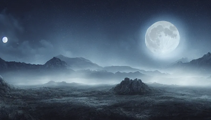 Prompt: a beautiful landscape at night, big moon and stars in the sky, matte painting, very dark blue tones, concept art, 4k