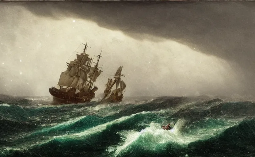 Image similar to middle of the ocean, large waves, large 1800s boat sinking, no land, dark skies, close up shot, at dusk, 4k, rule of thirds, extreme detail, hazy, intricate ink illustration, surreal, surrealist, trending on artstation, cgsociety, hd, complimentary colours, realistic lighting, by Albert Bierstadt, Frederic Edwin Church.