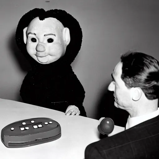 Image similar to color photo of robert oppenheimer debating with teletubbies
