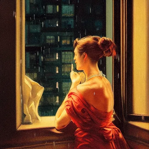 Prompt: silhouette of a woman gazing out her hotel window at the rain, extremely detailed masterpiece, oil on canvas, low-key neon lighting, verism style, artstation, by J. C. Leyendecker and Peter Paul Rubens,