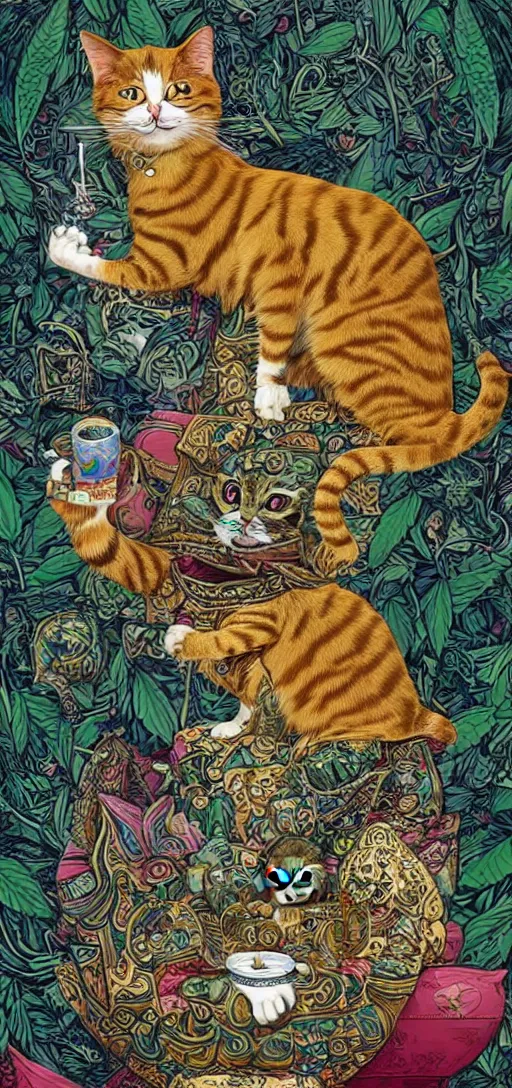Prompt: ”happy smiling cat holding a marifuana joint while sitting high on a sofa, marijuana leaves swirling in the background, [ultra detailed, contrast, ornate and intricate, art by joe fenton]”