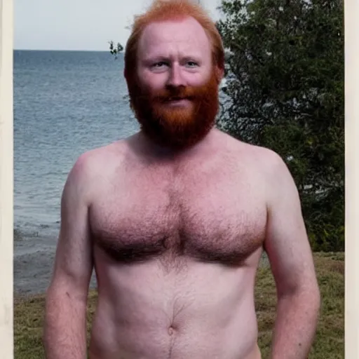 Prompt: photograph of a shirtless, very hairy, balding, blue eyed ginger, middle aged man