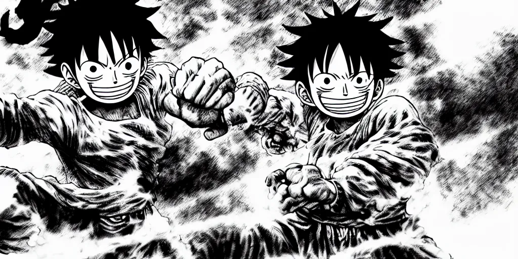 Image similar to luffy punch, berserk, 4 k resolution, comic style ， by miura kentaro, ultra detailed,