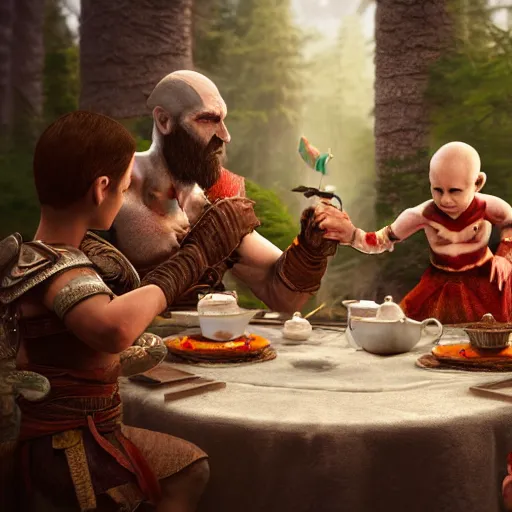 Image similar to god of war having a tea party with little kids, digital painting, 3 d, octane render