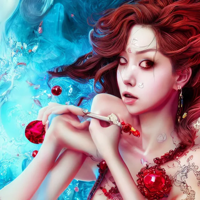 Prompt: an absurdly beautiful, elegant, young hypercolorful sensual gravure idol partially made up of rubies and red gems, ultrafine hyperrealistic detailed face illustration by kim jung gi, irakli nadar, intricate linework, sharp focus, bright colors, matte, octopath traveler, final fantasy, unreal engine highly rendered, global illumination, radiant light, intricate environment