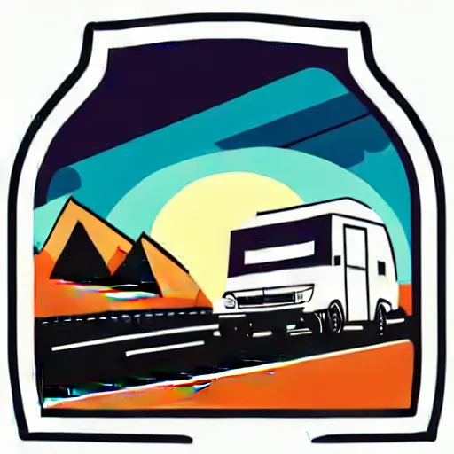 Prompt: vector art of a white and black cute thor chateau! motorhome camper!!, highway, mountains and colorful sunset!!, very happy, minimal vector art sticker!! by tom whalen, sanja stikovic