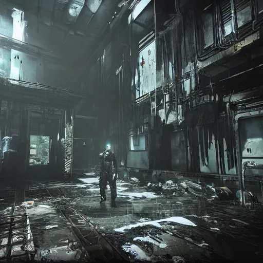 Prompt: the 100, soma game art style, nature, post apocalyptic, death, horror